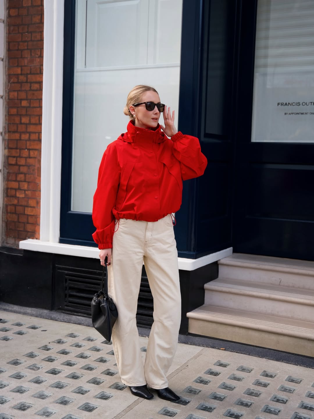 Beige Wide-Leg Trousers with a Red Cropped Jacket — Classy Beige Pants Outfits