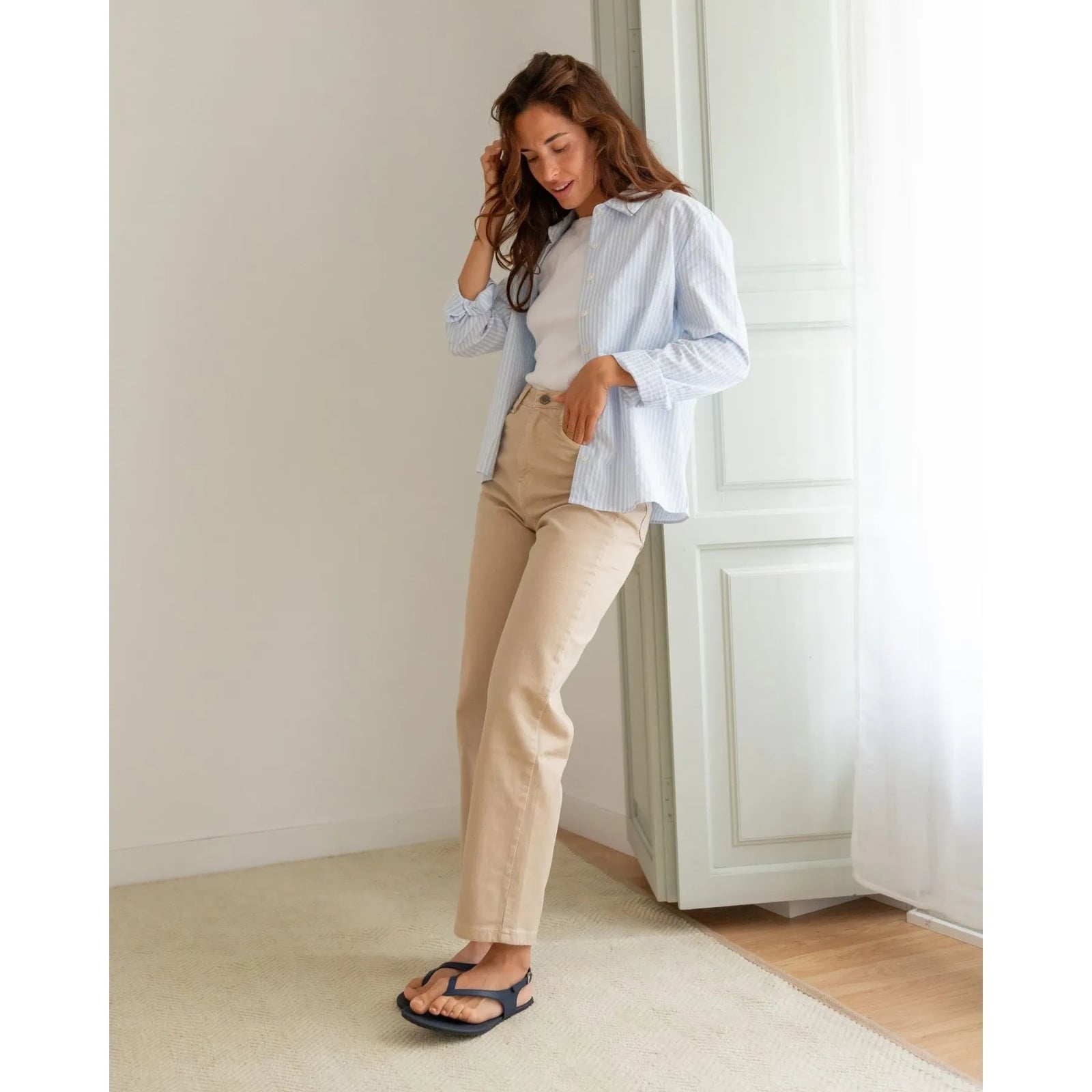 Beige Straight-Leg Trousers with Striped Shirt and Flip-Flops — Classy Beige Pants Outfits