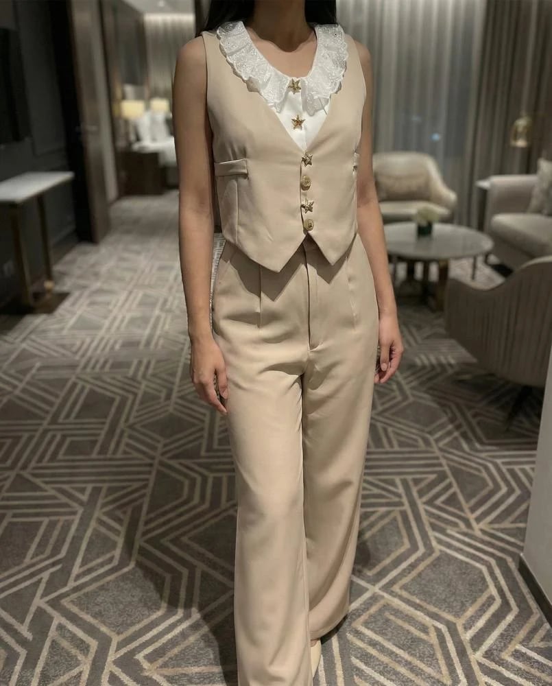 Beige Vest and Trousers Set with Ruffled Blouse — Classy Beige Pants Outfits