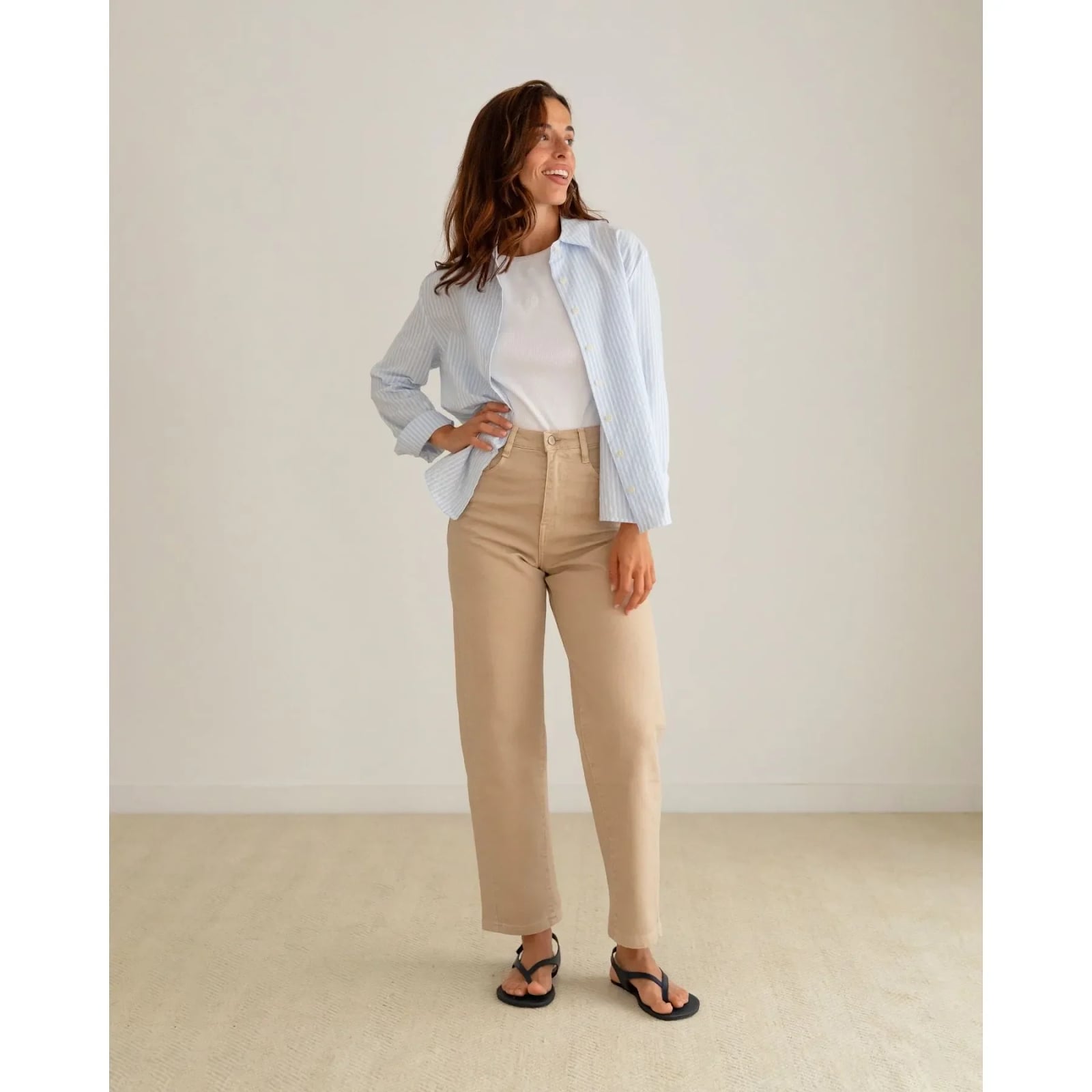 Beige Wide-Leg Pants with Striped Shirt and Flat, Close-Up Take — Classy Beige Pants Outfits