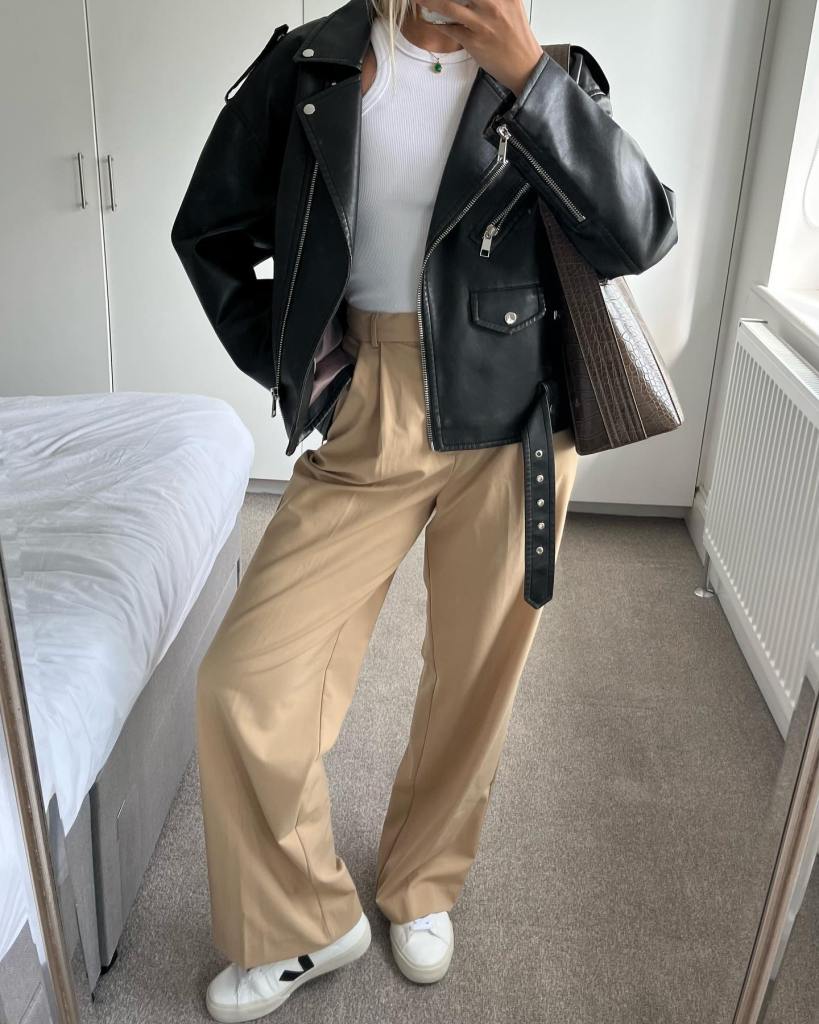 Beige Tailored Trousers with Leather Jacket, Close-Up Take — Classy Beige Pants Outfits