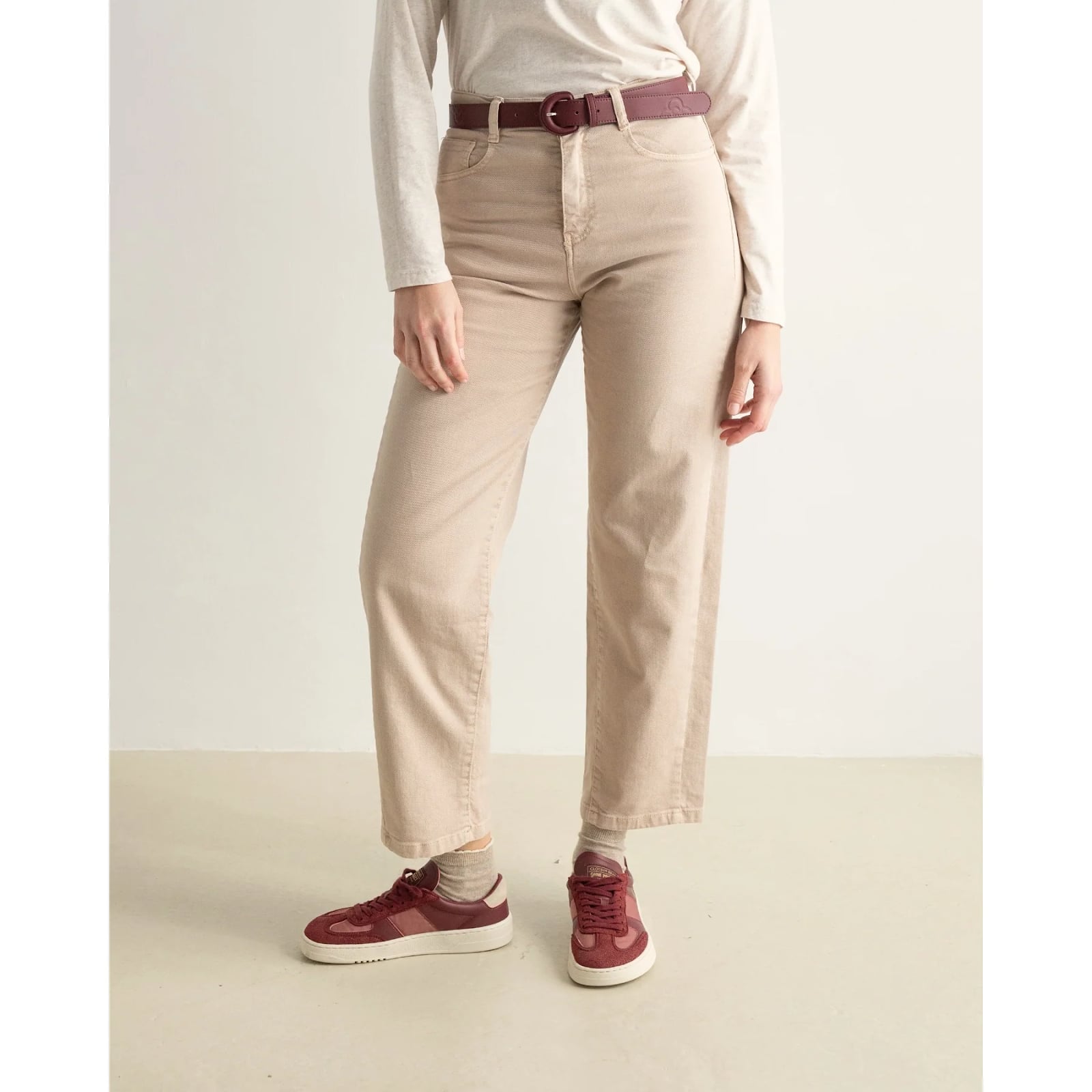 Beige Straight-Leg Pants with Burgundy Accents — Classy Beige Pants Outfits