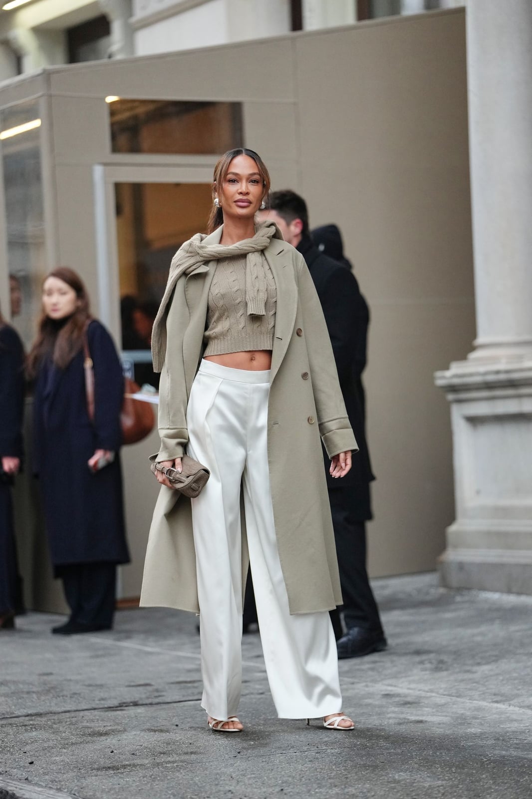 Satin Beige Wide-Leg Trousers with a Knit Sweater — Classy Beige Pants Outfits