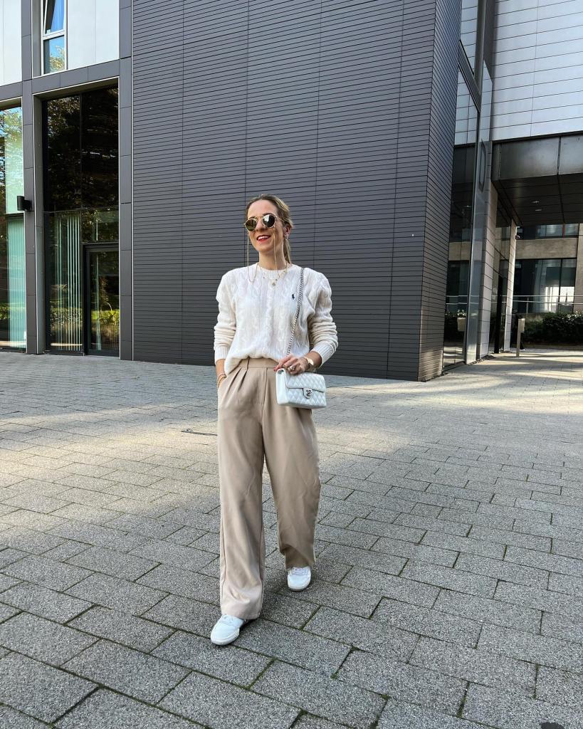 Casual Beige Wide-Leg Pants with a Cable-Knit Sweater — Classy Beige Pants Outfits