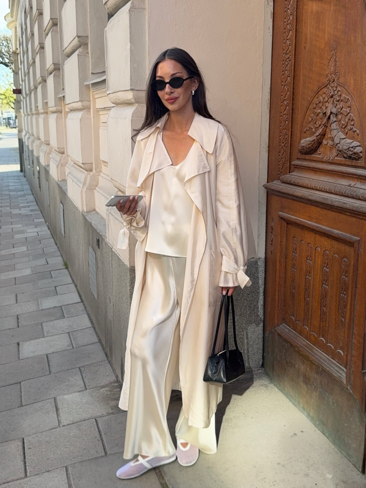 Cream Satin Wide-Leg Trousers with a Trench Coat — Classy Beige Pants Outfits