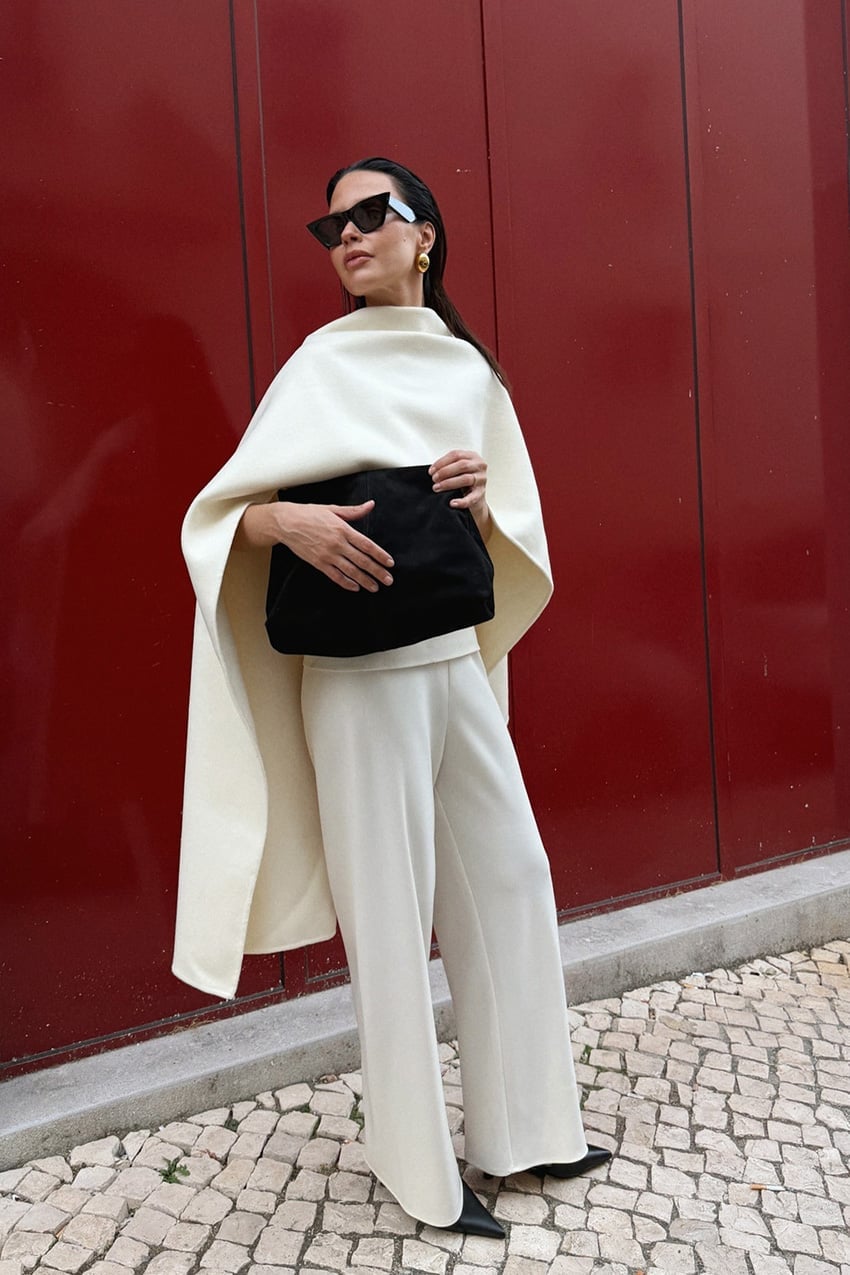 Ivory Wide-Leg Trousers with an Oversized Cape — Classy Beige Pants Outfits