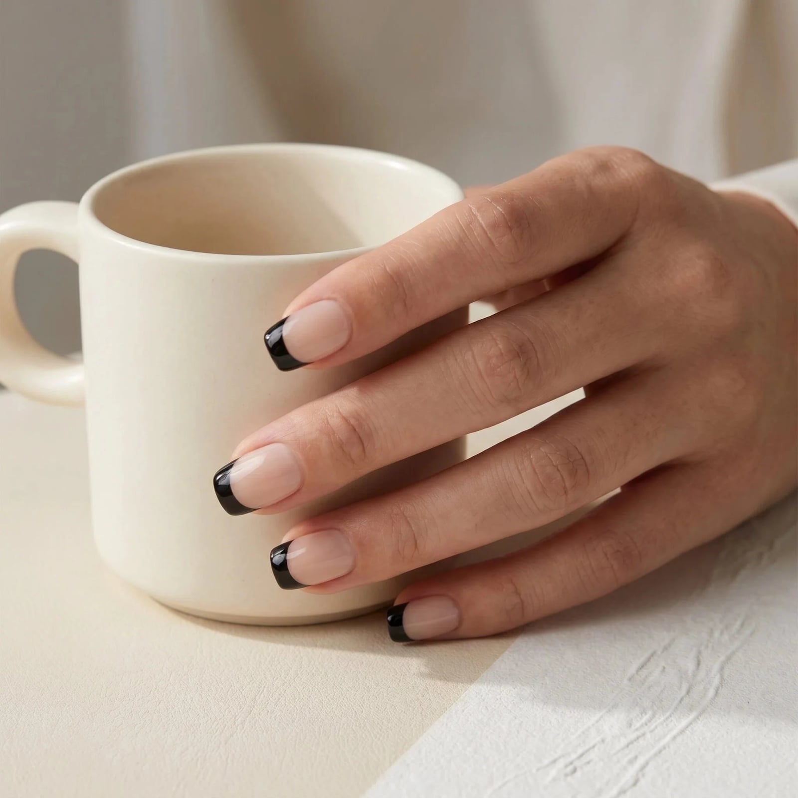 Medium Square With Sharp Black French Line Medium Square With Sharp Black French Line — Classy Black French Tip Nails
