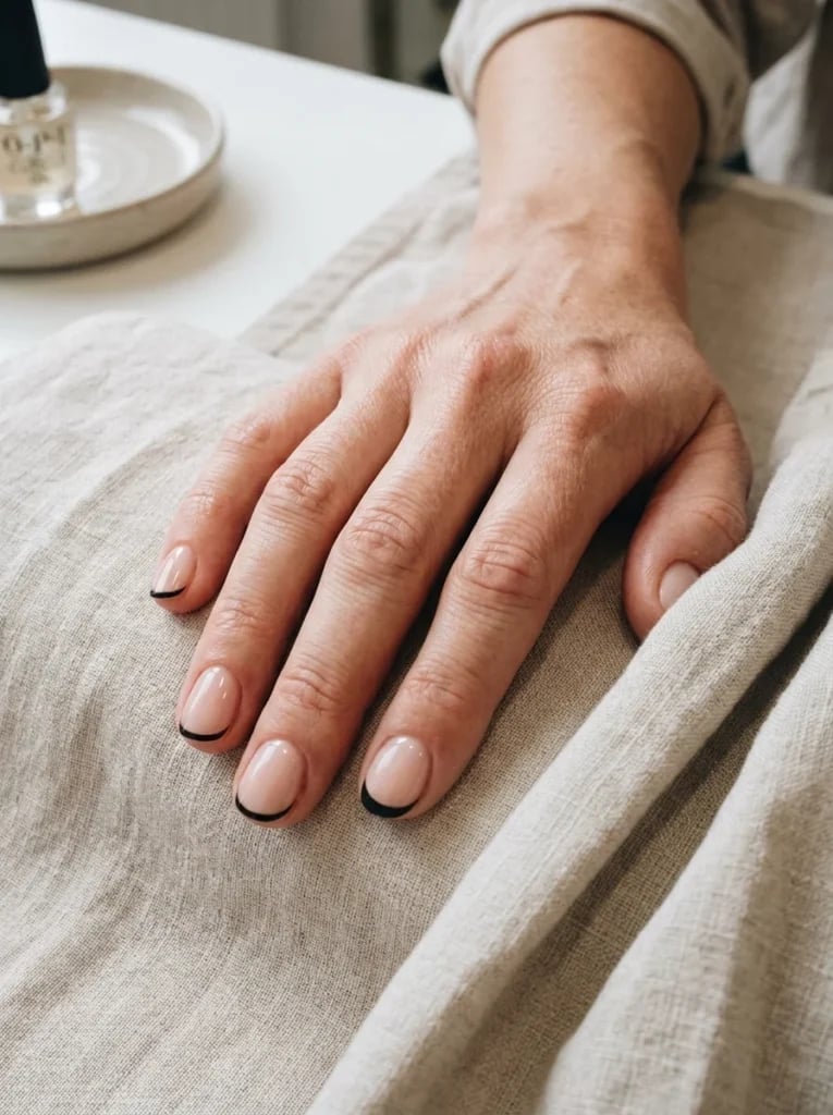 Short Oval With Very Thin Black French Tip Short Oval With Very Thin Black French Tip — Classy Black French Tip Nails