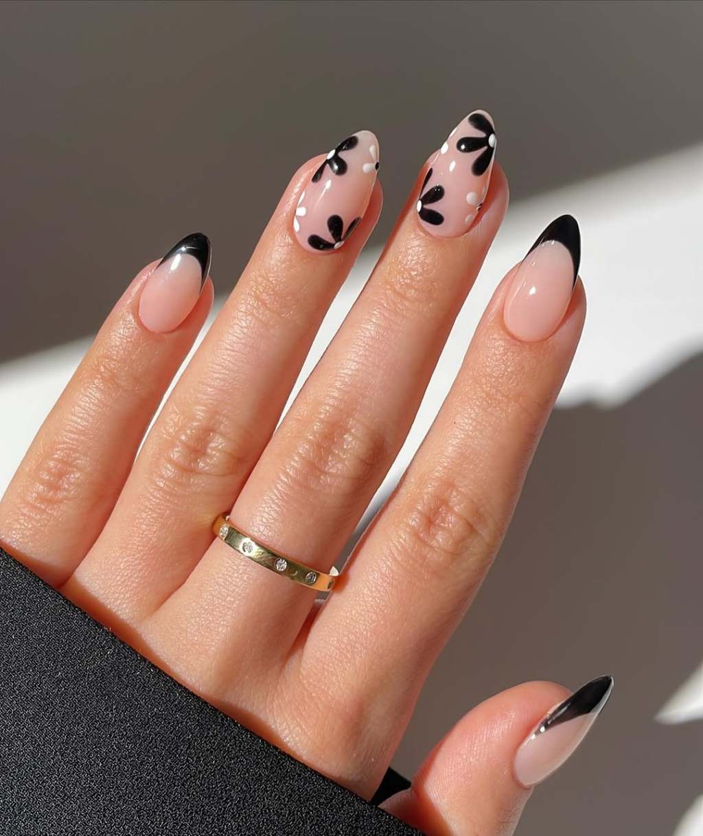 Medium Almond With Floral Black French Accents Medium Almond With Floral Black French Accents — Classy Black French Tip Nails