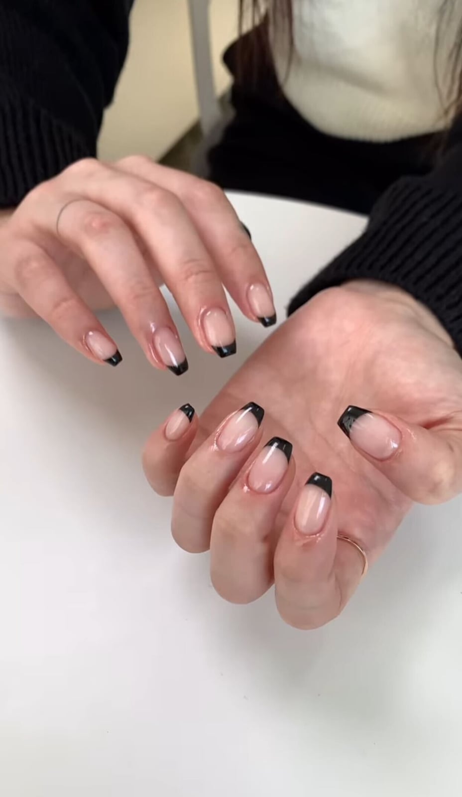Medium Almond With Defined Black French Tips Medium Almond With Defined Black French Tips — Classy Black French Tip Nails