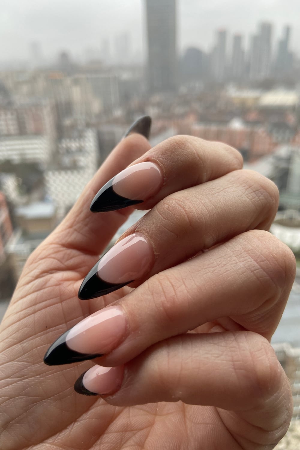 Medium Almond With Classic Glossy Black Tips Medium Almond With Classic Glossy Black Tips — Classy Black French Tip Nails