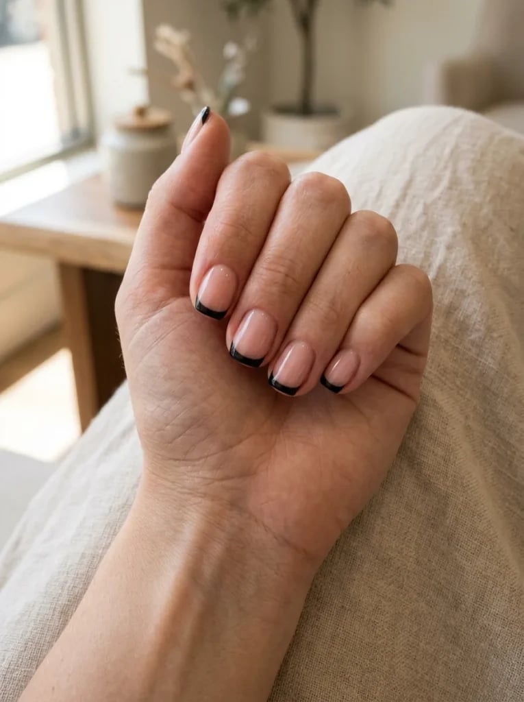 Short Soft Square With Thin Black French Line, Close-Up Take Short Soft Square With Thin Black French Line, Close-Up Take — Classy Black French Tip Nails
