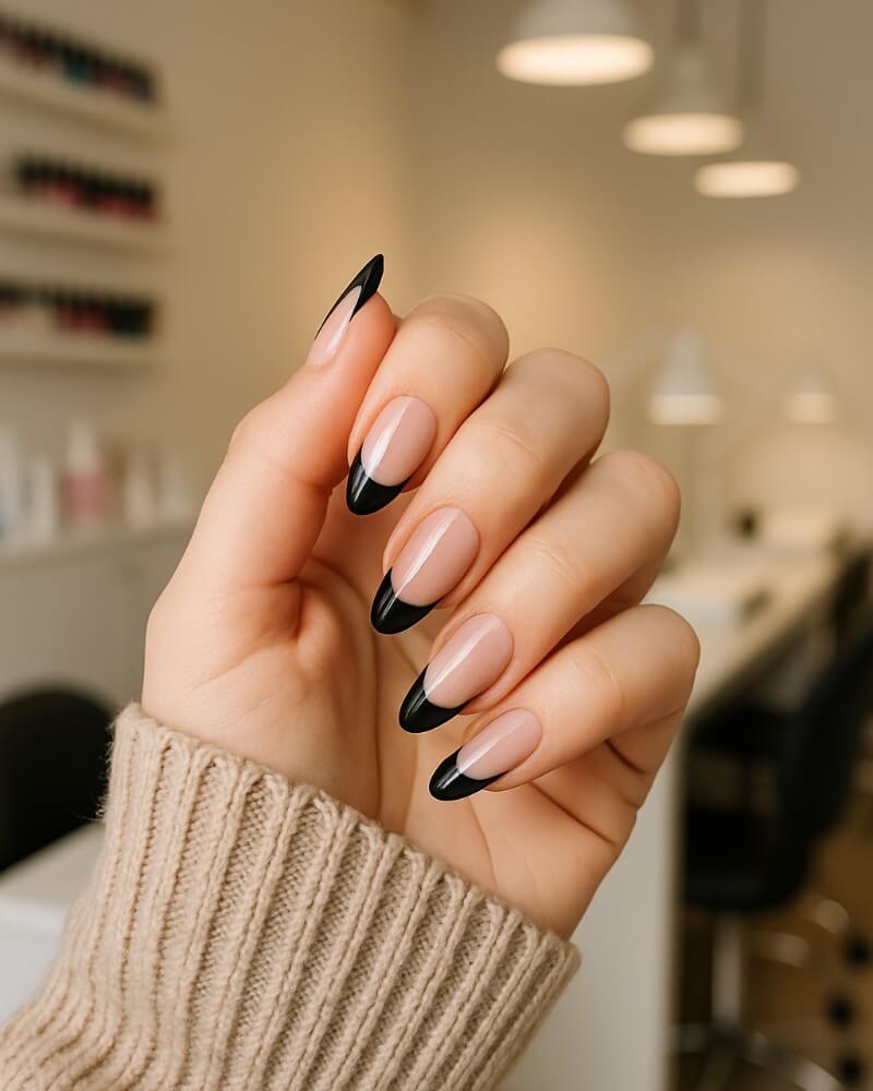 Medium Oval Nude Base With Black French Tip Medium Oval Nude Base With Black French Tip — Classy Black French Tip Nails