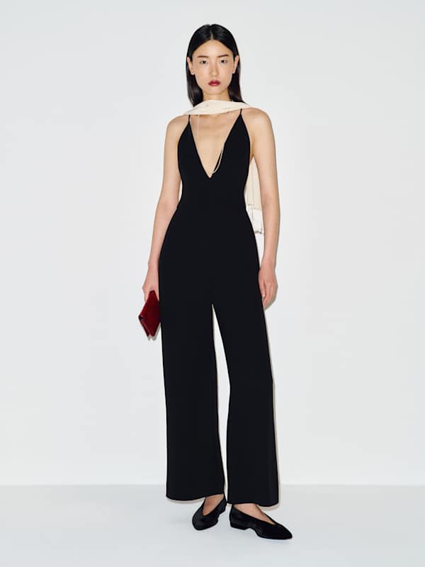 Plunging Neckline Silk Jumpsuit with Ballet Flats Plunging Neckline Silk Jumpsuit with Ballet Flats — Classy Black Jumpsuit Outfit