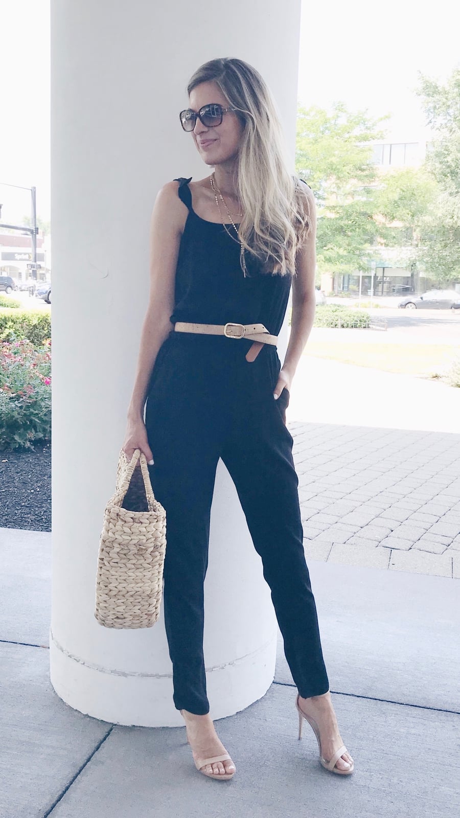 Sleeveless Jumpsuit with Belt and Straw Tote for Day Sleeveless Jumpsuit with Belt and Straw Tote for Day — Classy Black Jumpsuit Outfit