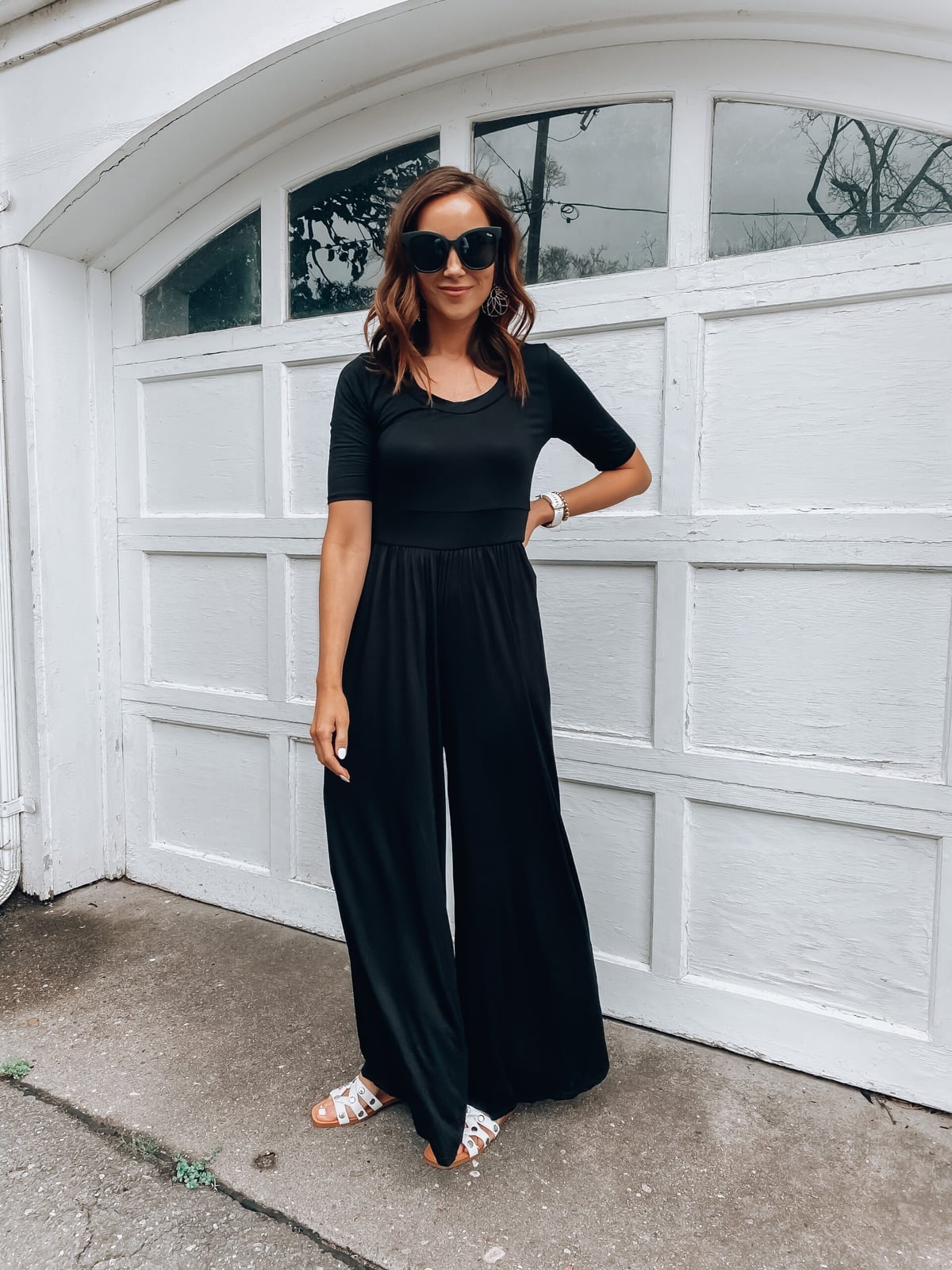 Jersey Wide Leg Jumpsuit with White Sandals for Casual Jersey Wide Leg Jumpsuit with White Sandals for Casual — Classy Black Jumpsuit Outfit