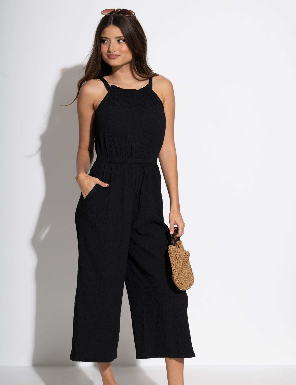 Textured Halter Neck Jumpsuit for Summer Day Textured Halter Neck Jumpsuit for Summer Day — Classy Black Jumpsuit Outfit