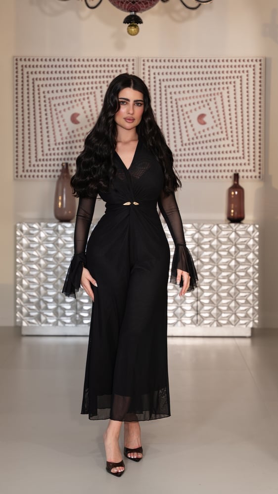 Jumpsuit with Sheer Mesh Sleeves and Gold Waist Detail Jumpsuit with Sheer Mesh Sleeves and Gold Waist Detail — Classy Black Jumpsuit Outfit
