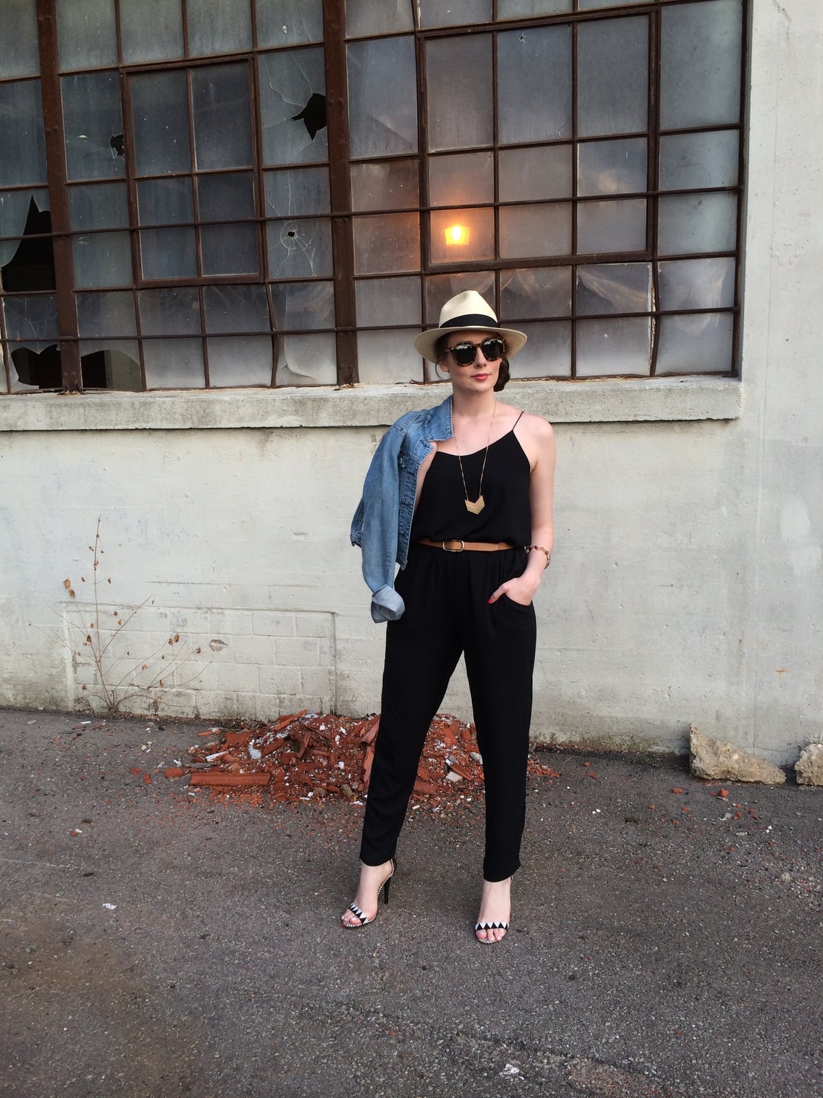 Spaghetti Strap Jumpsuit with Denim Jacket for Casual Style Spaghetti Strap Jumpsuit with Denim Jacket for Casual Style — Classy Black Jumpsuit Outfit