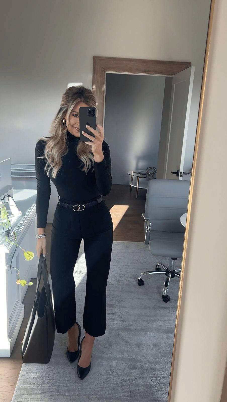 Turtleneck Jumpsuit with Double Ring Belt for Business Casual Turtleneck Jumpsuit with Double Ring Belt for Business Casual — Classy Black Jumpsuit Outfit