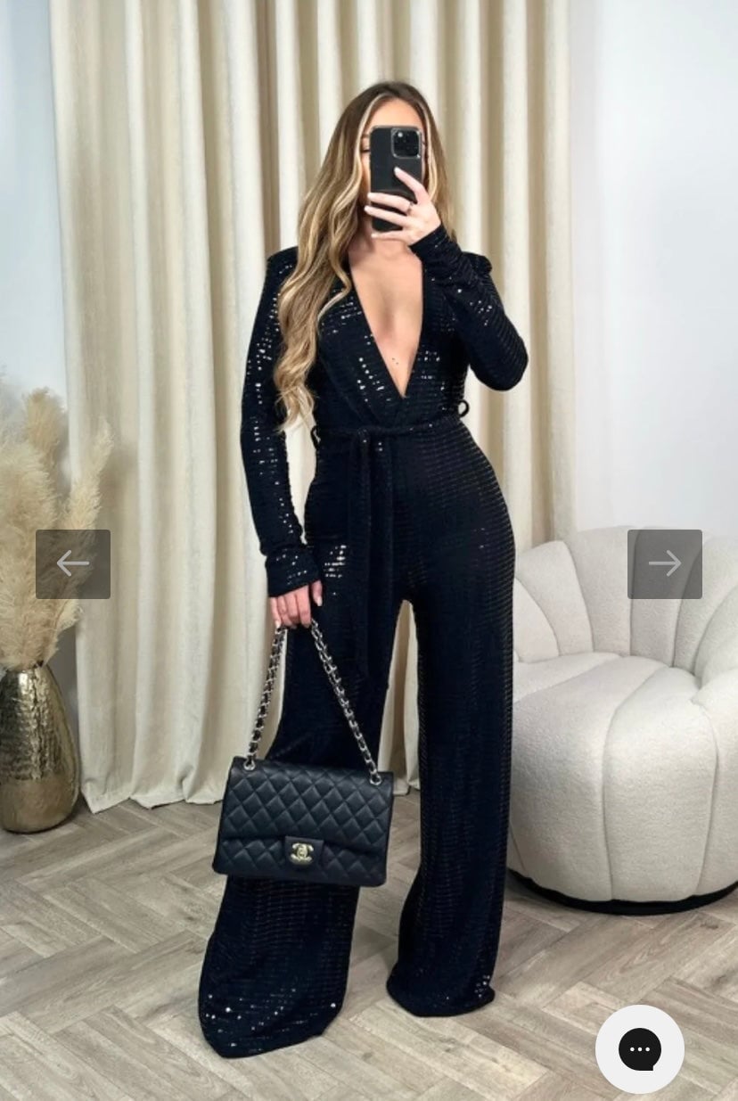 Sequin Jumpsuit with Deep V-Neck for Evening Glamour Classy Black Jumpsuit Outfit