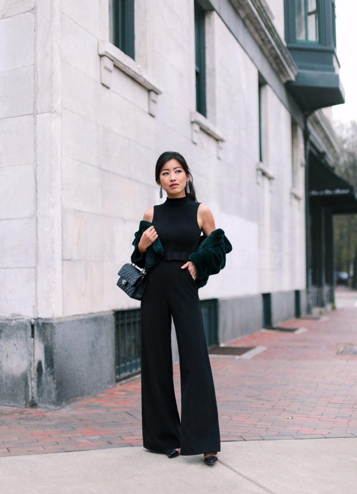 Wide Leg Jumpsuit with Faux Fur Jacket for Evening Wide Leg Jumpsuit with Faux Fur Jacket for Evening — Classy Black Jumpsuit Outfit
