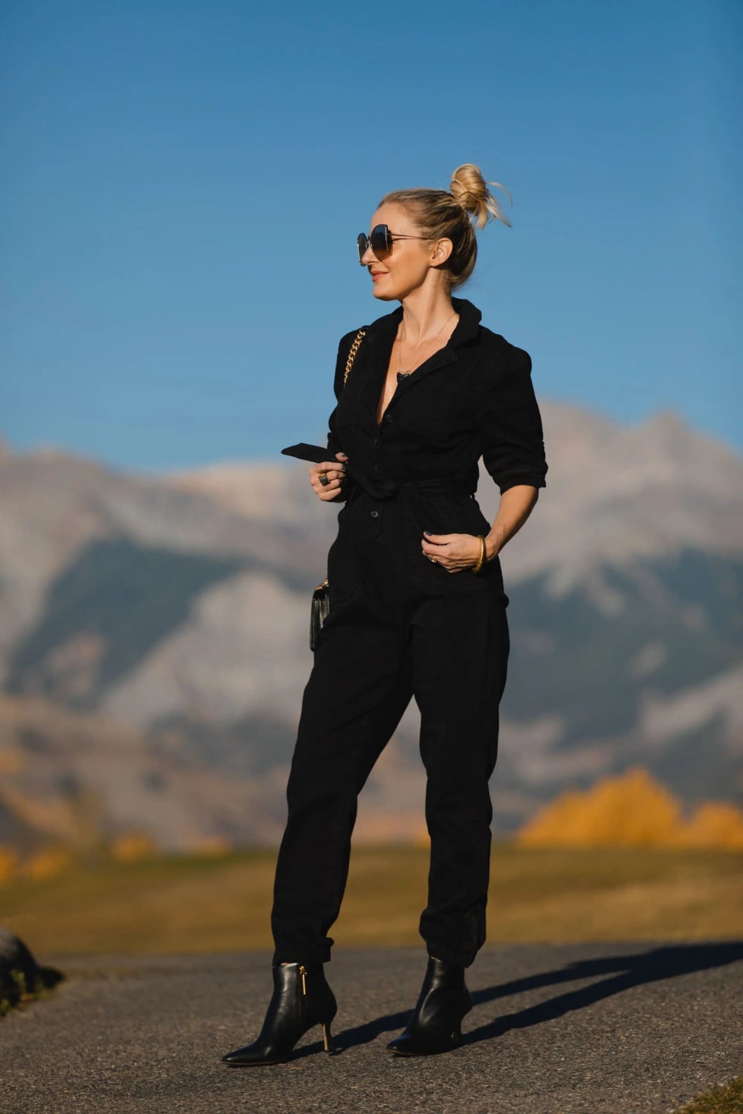 Button-Front Jumpsuit with Rolled Sleeves and Ankle Boots Button-Front Jumpsuit with Rolled Sleeves and Ankle Boots — Classy Black Jumpsuit Outfit