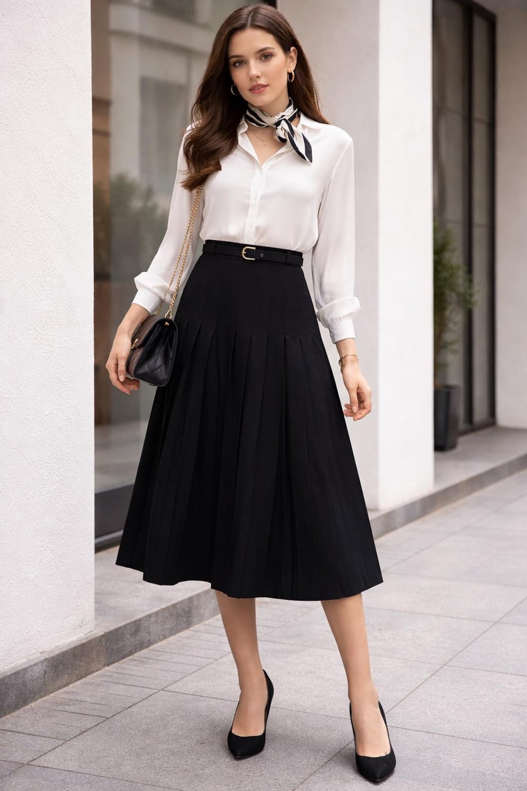 Black Pleated Midi Skirt With a White Button-Down, Close-Up Take — Classy Black Midi Skirt Outfit