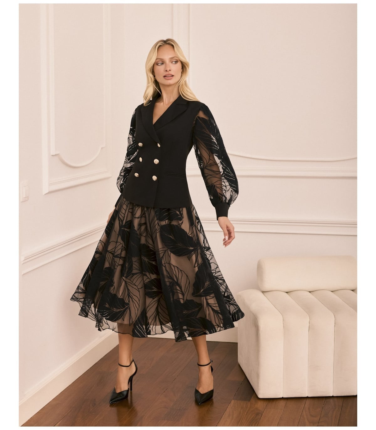Printed Black Midi Skirt With Voluminous Blazer and Sheer Fabric — Classy Black Midi Skirt Outfit