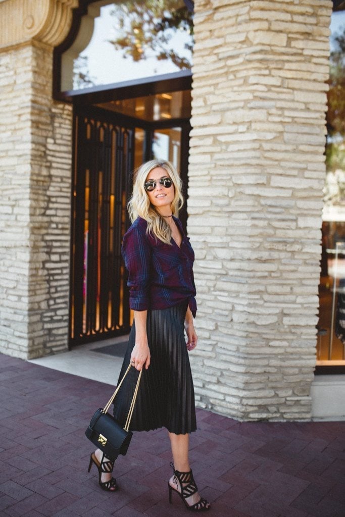 Black Leather Pleated Midi Skirt With Plaid Shirt, Close-Up Take — Classy Black Midi Skirt Outfit