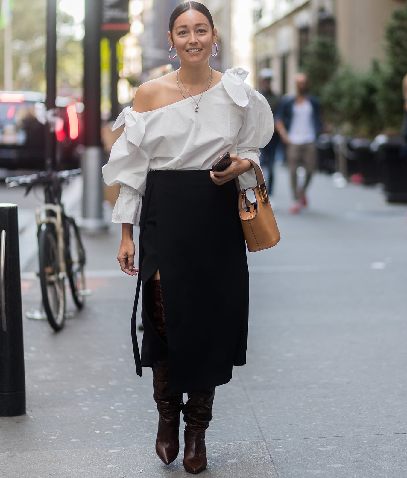 Black Midi Skirt With Side Slit and Off-Shoulder Top, Close-Up Take — Classy Black Midi Skirt Outfit