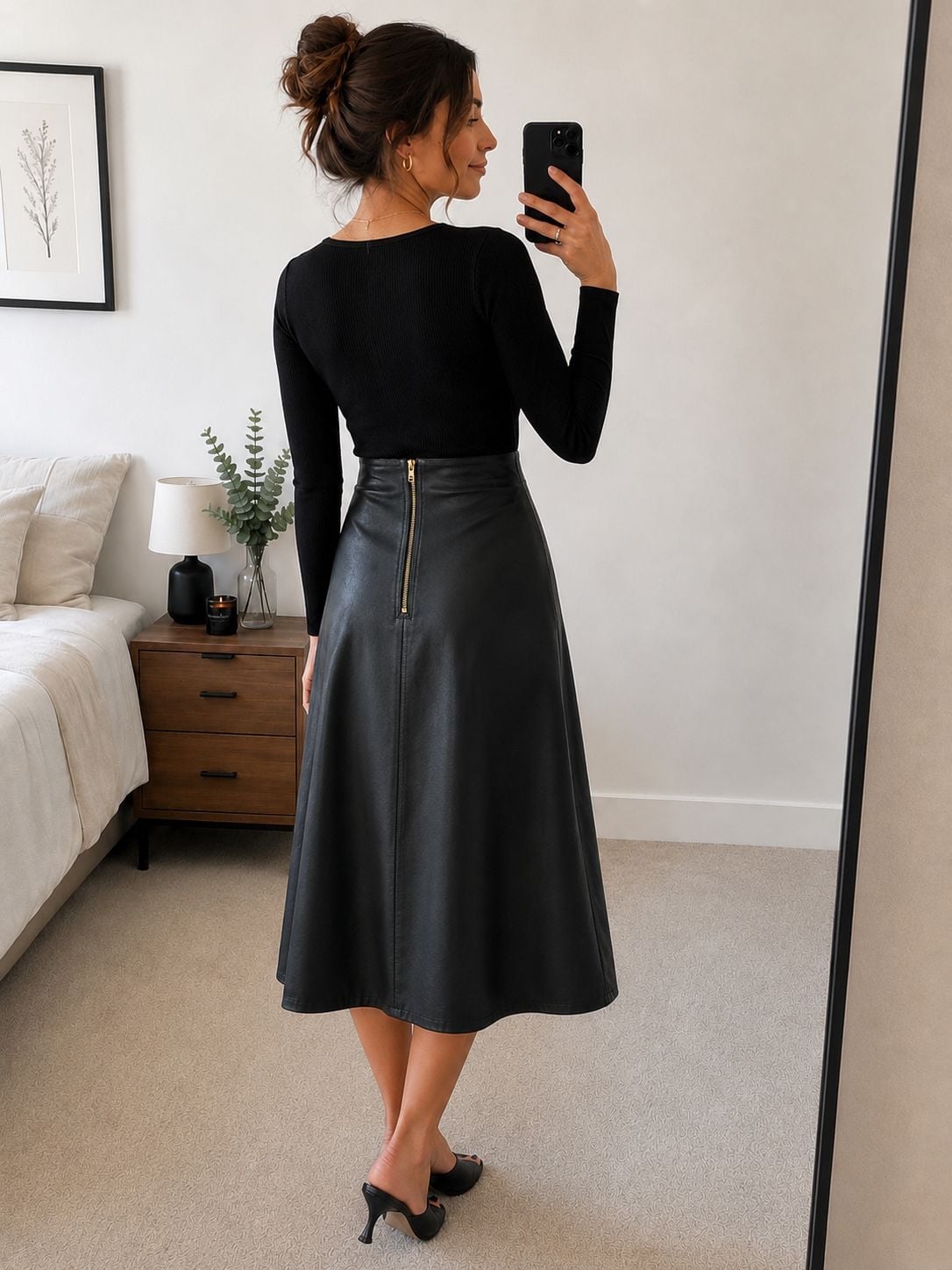 Black Faux Leather A-Line Midi Skirt With Ribbed Top, Close-Up Take — Classy Black Midi Skirt Outfit