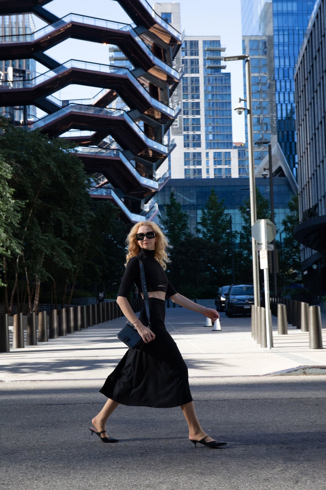 Black Satin Midi Skirt With Cropped Mock Neck Top, Office-Safe Version — Classy Black Midi Skirt Outfit