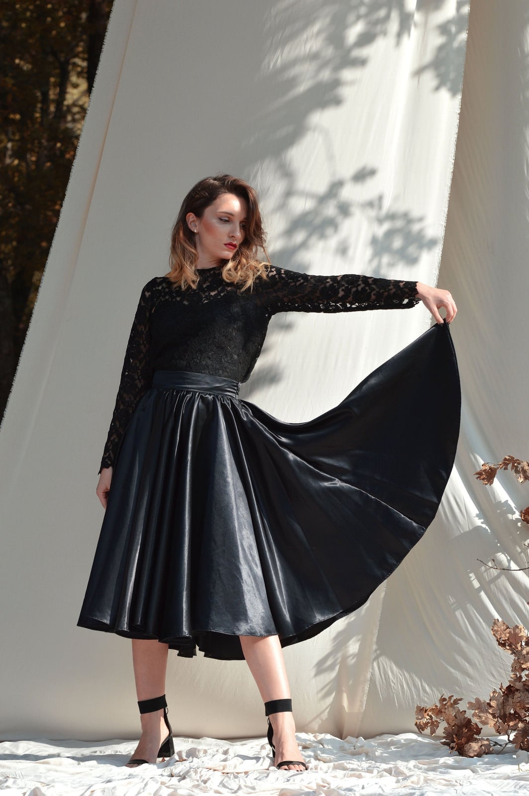 Full Black Satin Midi Skirt With Lace Top, Close-Up Take — Classy Black Midi Skirt Outfit