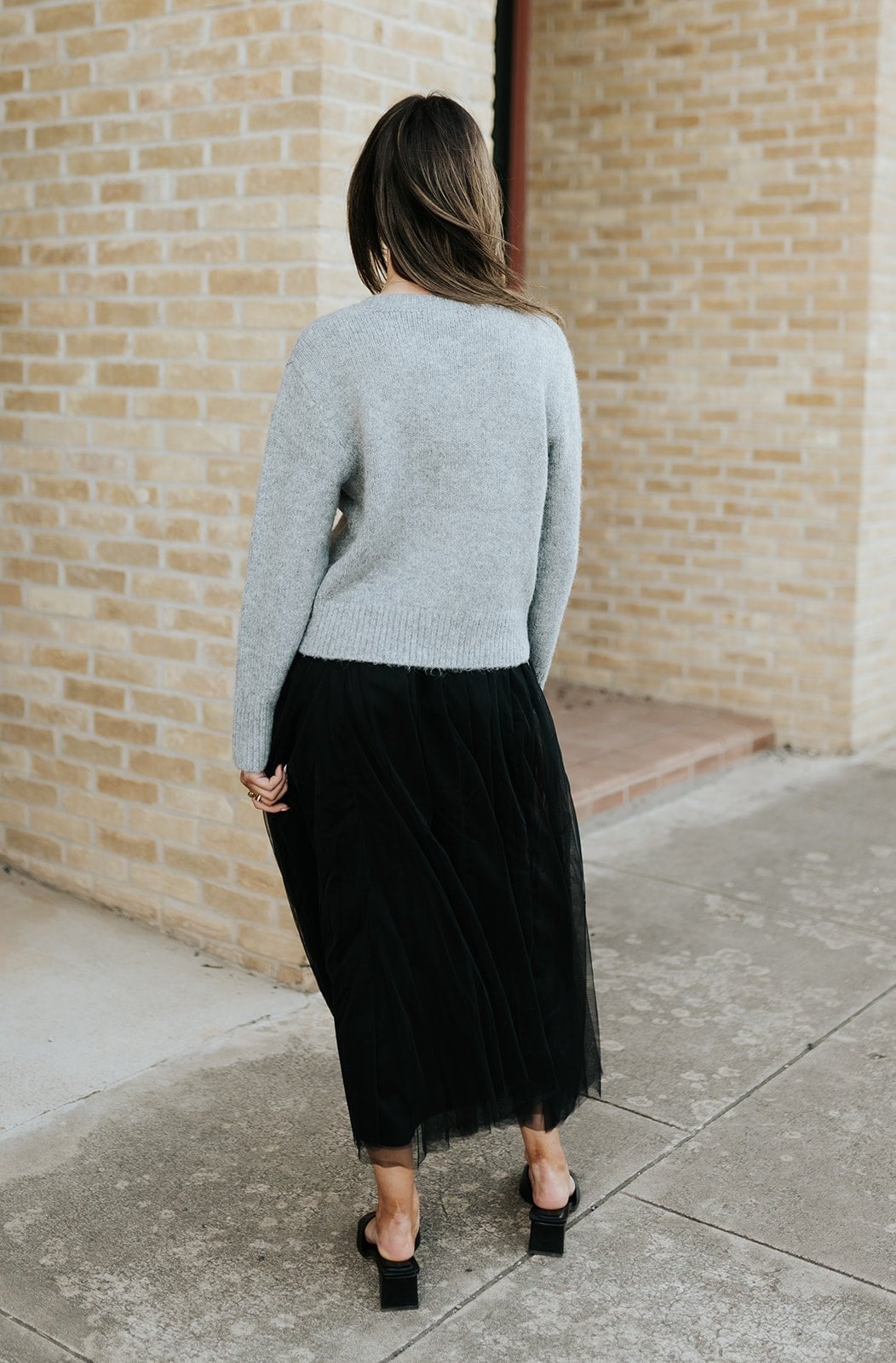 Black Tulle Midi Skirt With Gray Knit Sweater — Classy Black Midi Skirt Outfit