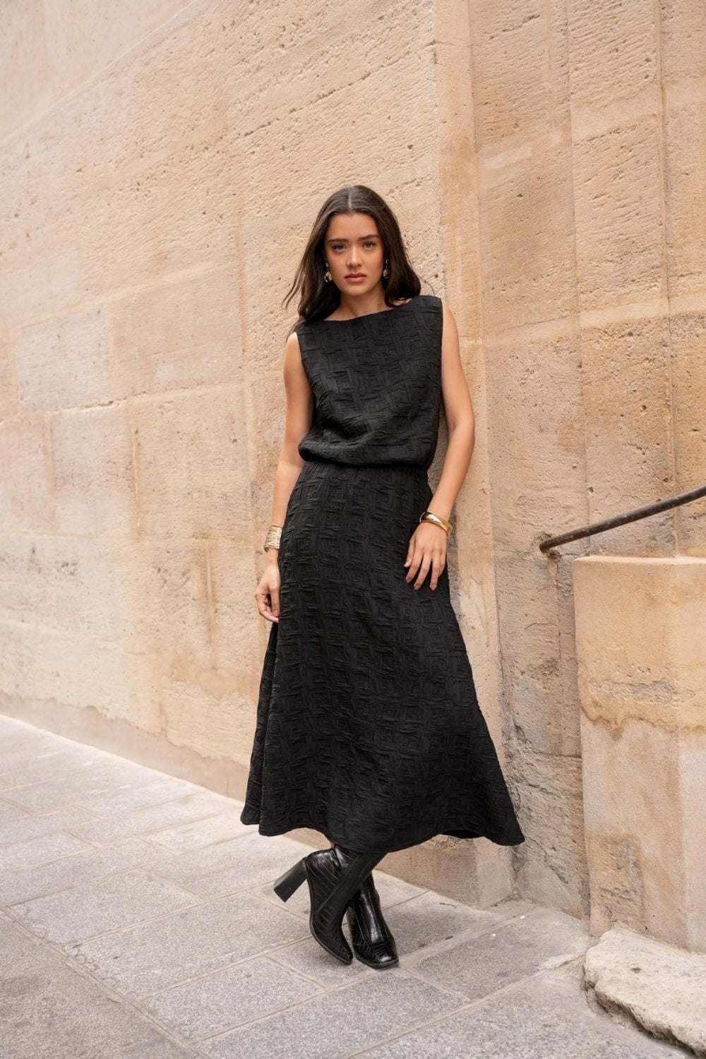 Black Textured Midi Skirt With Matching Top — Classy Black Midi Skirt Outfit