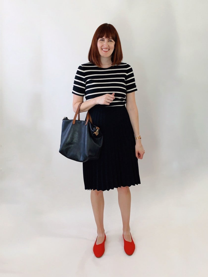 Black Pleated Midi Skirt With Striped Knit Top — Classy Black Midi Skirt Outfit