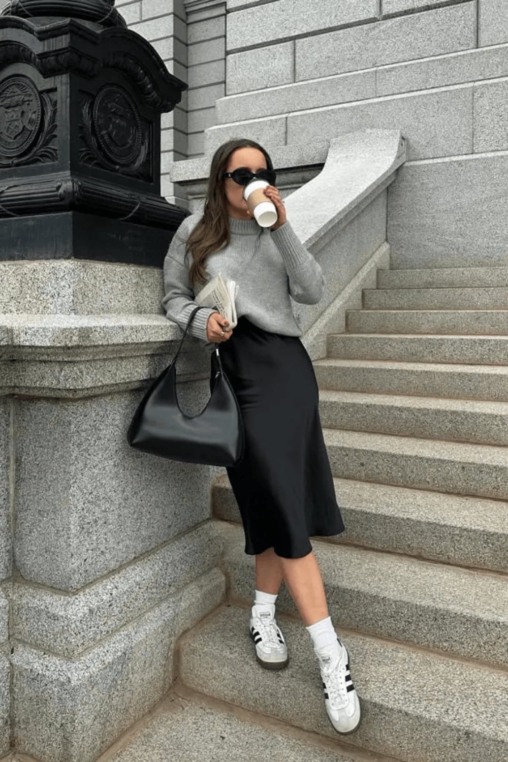 Black Satin A-Line Midi Skirt With Gray Sweater — Classy Black Midi Skirt Outfit