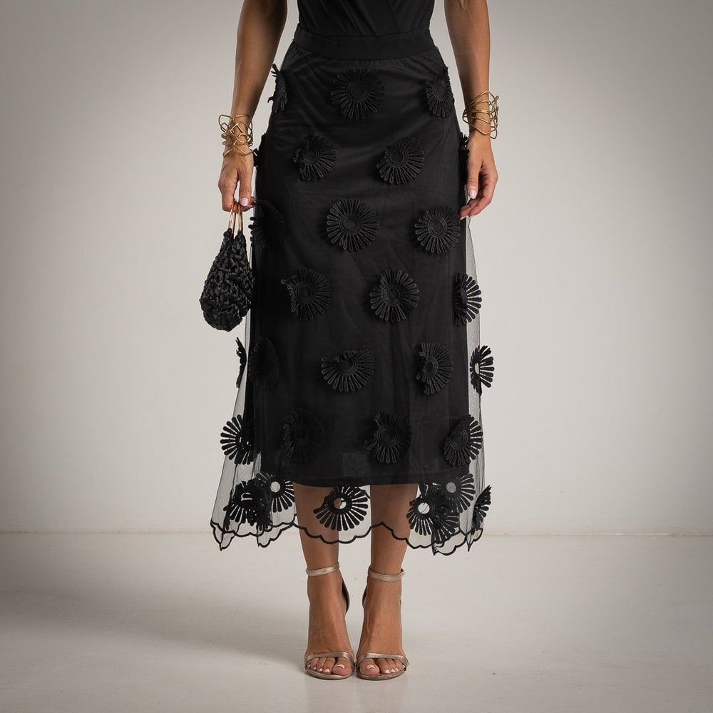 Black Midi Skirt With 3D Floral Appliqué — Classy Black Midi Skirt Outfit