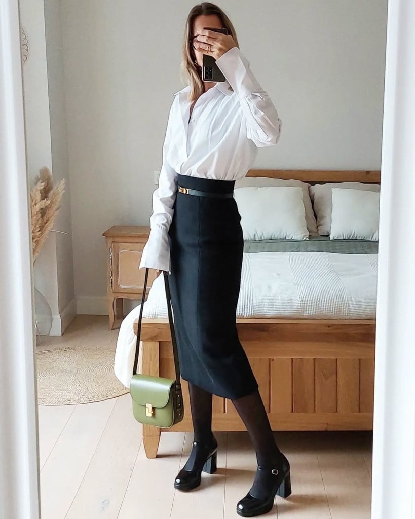 Black Pencil Midi Skirt With a White Shirt and Green, Close-Up Take — Classy Black Midi Skirt Outfit
