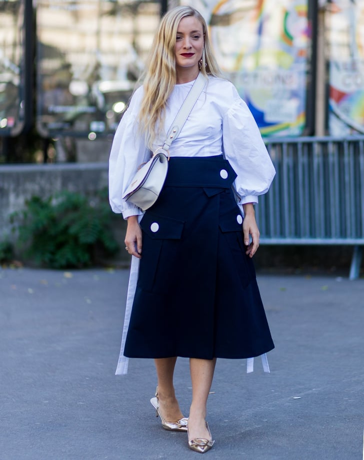 Navy A-Line Midi Skirt With Puffy Sleeve Blouse — Classy Black Midi Skirt Outfit