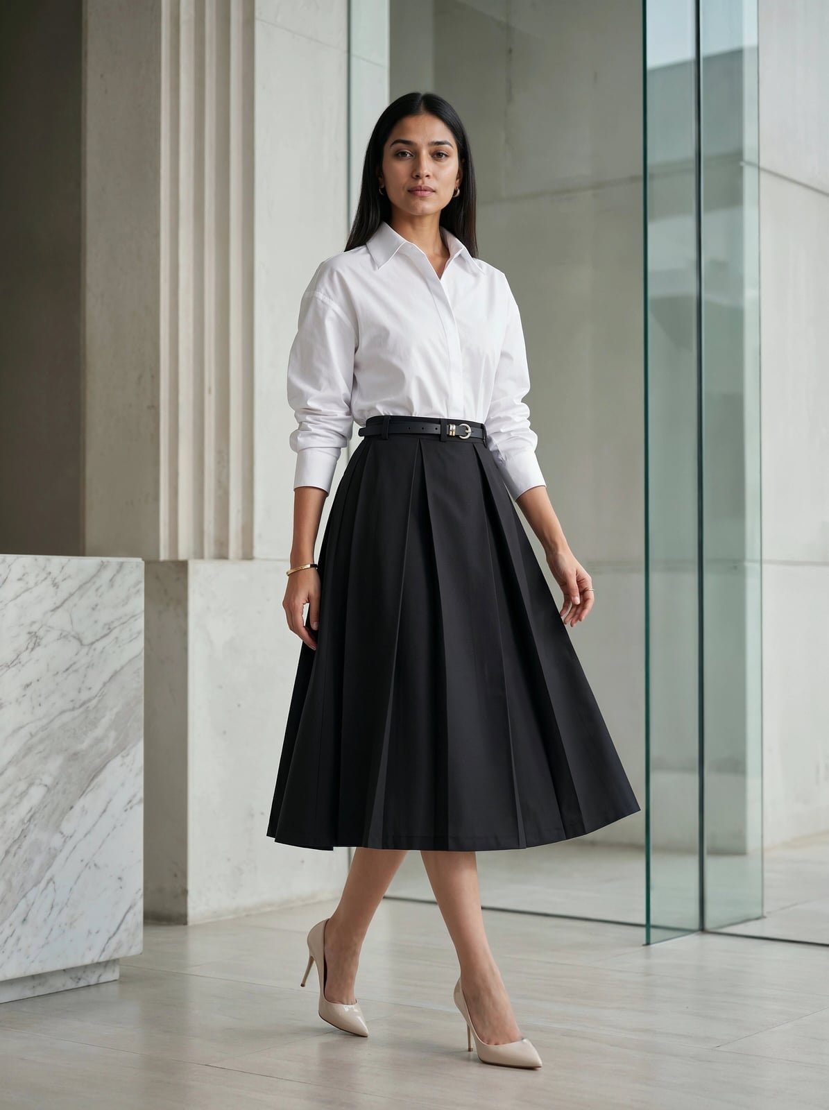 A-Line Black Pleated Midi Skirt With Crisp White Shirt, Close-Up Take — Classy Black Midi Skirt Outfit
