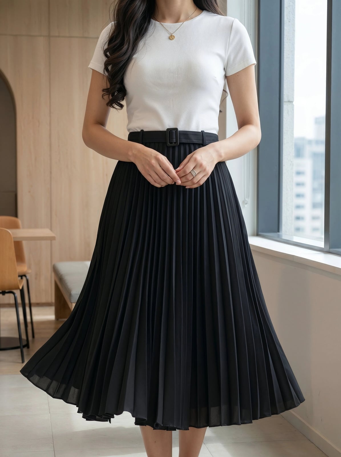 Casual Black Pleated Midi Skirt With a White Tee, Everyday Version — Classy Black Midi Skirt Outfit