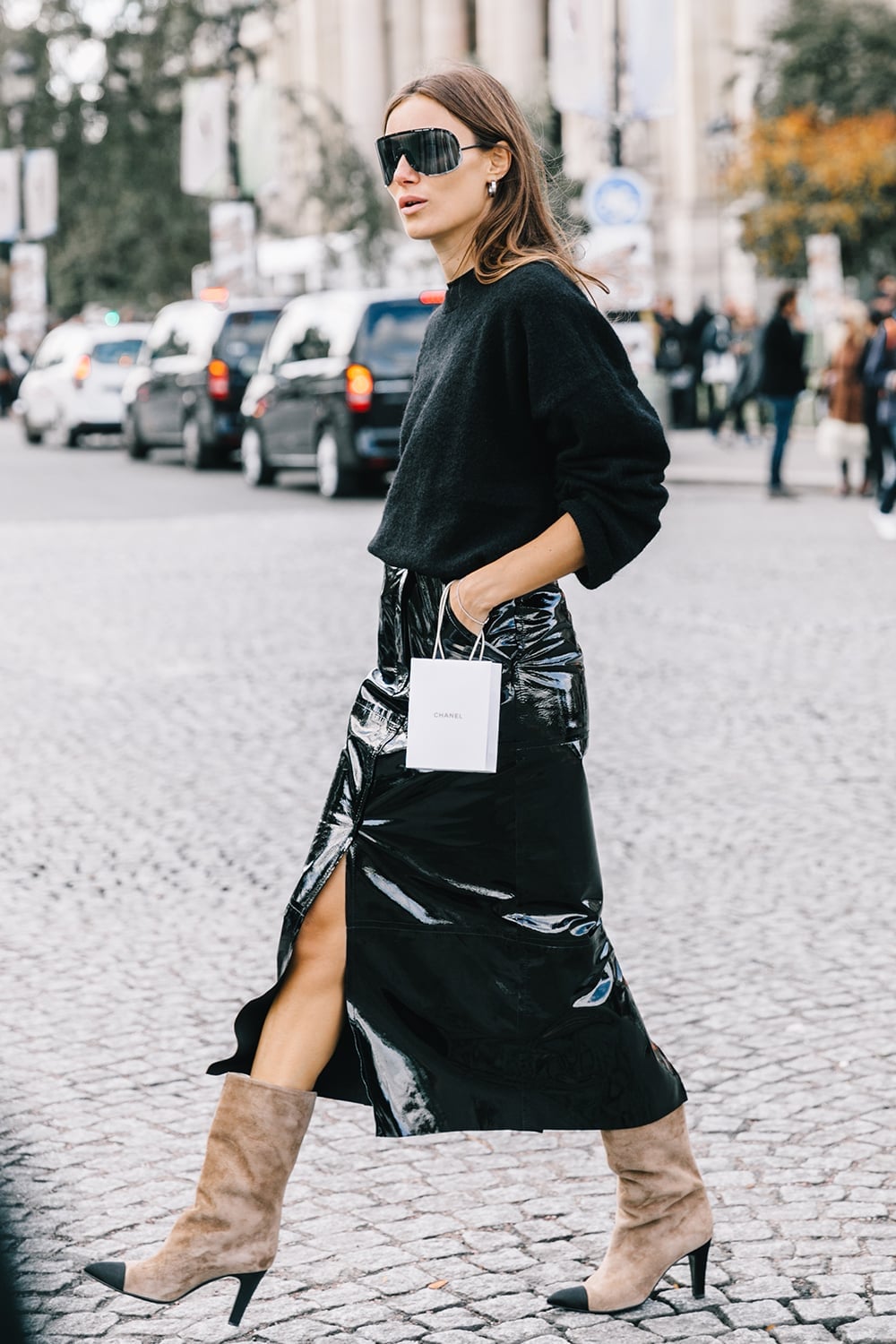 Black Patent Leather Midi Skirt With Crewneck Sweater, Close-Up Take — Classy Black Midi Skirt Outfit