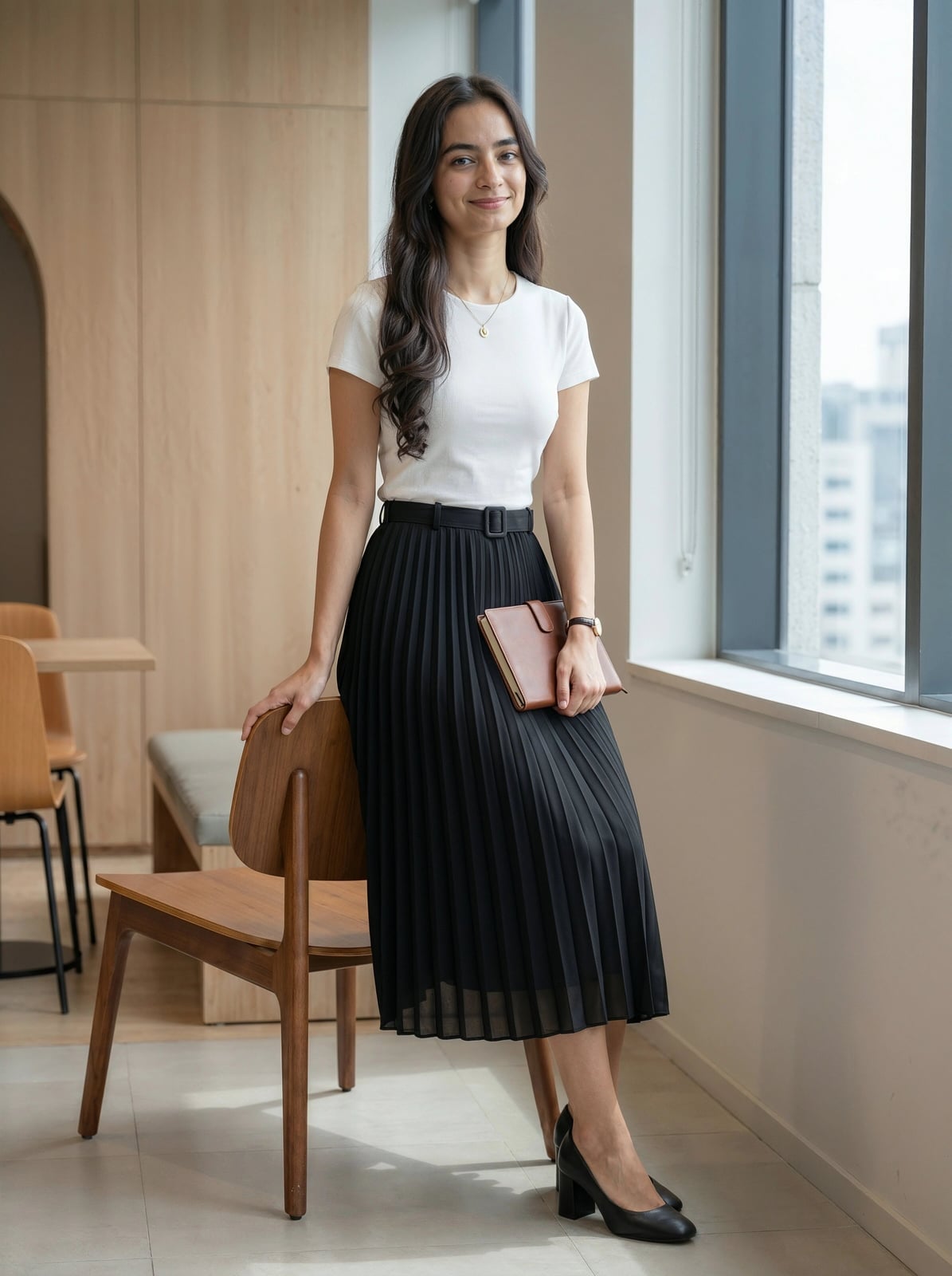 Business Casual Black Pleated Midi Skirt With White, Softer Variation — Classy Black Midi Skirt Outfit