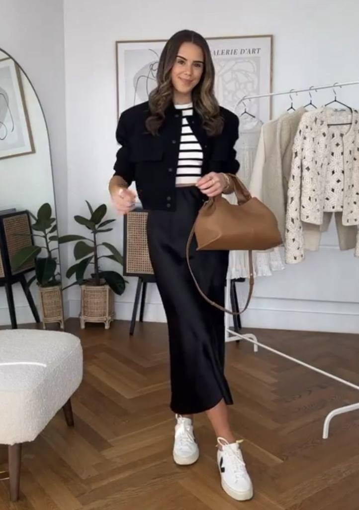 Black Satin Midi Skirt With Striped Tee and Jacket and Tote Bag — Classy Black Midi Skirt Outfit