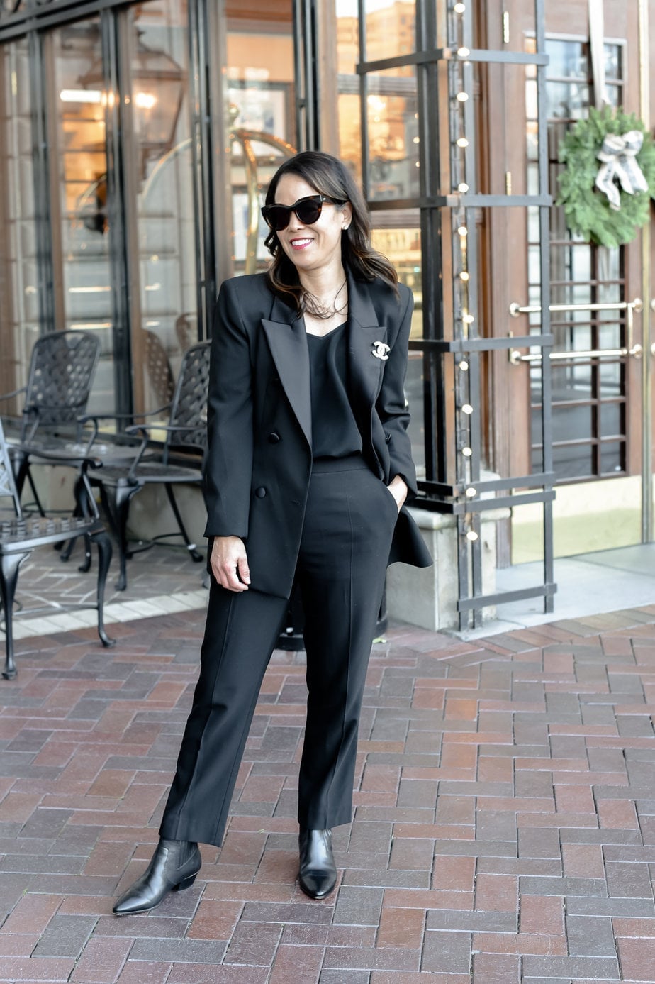 Tailored Trousers with Tuxedo Blazer, Straight-Leg Tailored Trousers with Tuxedo Blazer, Straight-Leg — Classy Black Pants Outfits