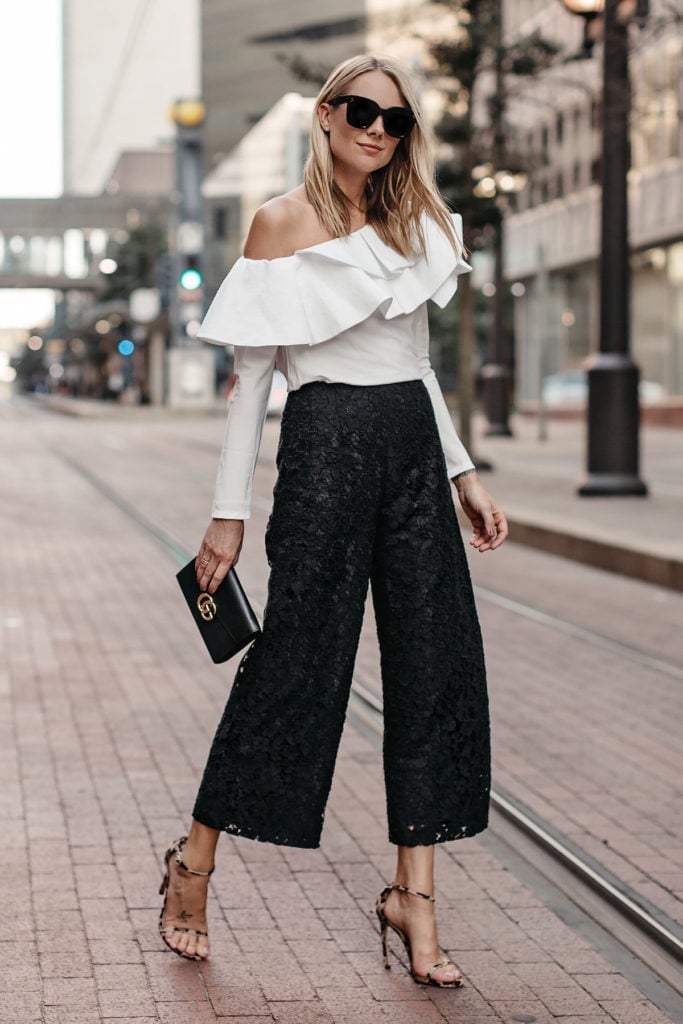 Lace Culottes with Ruffled Off Shoulder Top Lace Culottes with Ruffled Off Shoulder Top — Classy Black Pants Outfits
