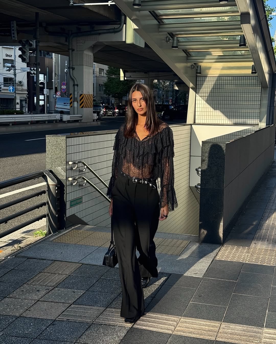 Wide Leg Trousers with Sheer Lace Blouse Wide Leg Trousers with Sheer Lace Blouse — Classy Black Pants Outfits