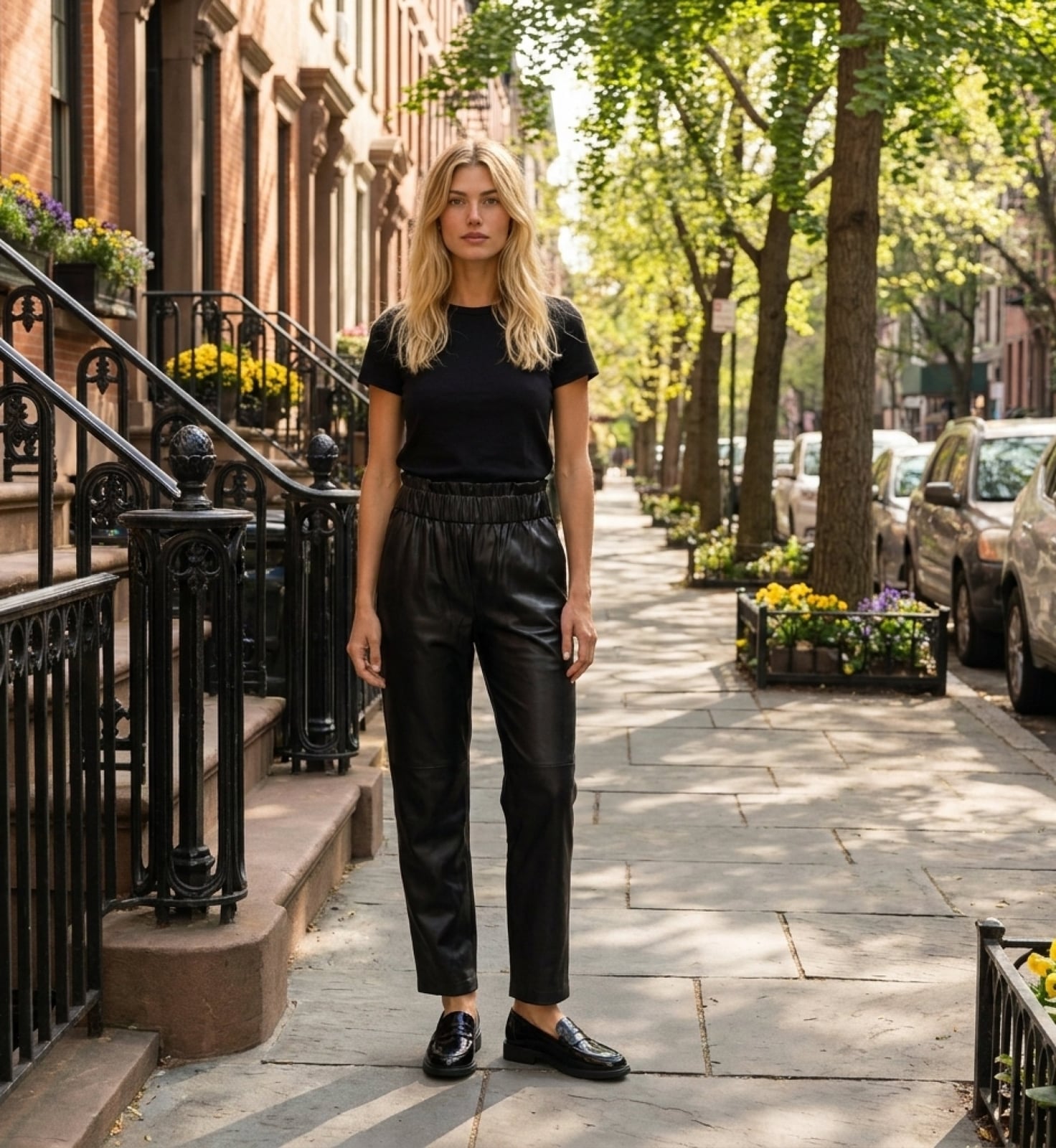 Relaxed Fit Leather Pants with T-Shirt Relaxed Fit Leather Pants with T-Shirt — Classy Black Pants Outfits